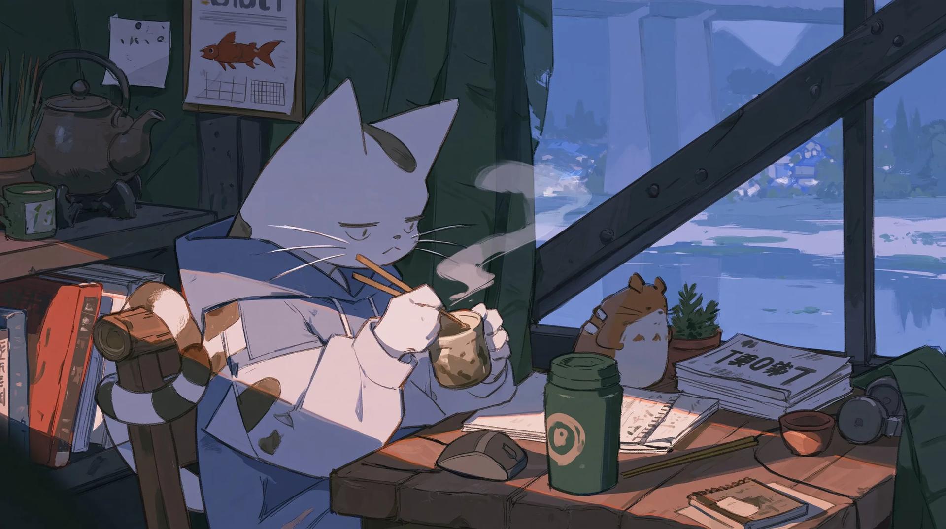 Cozy Animated Breakfast: Cat Shares Noodles with a Tiny Companion - Image prompt preview