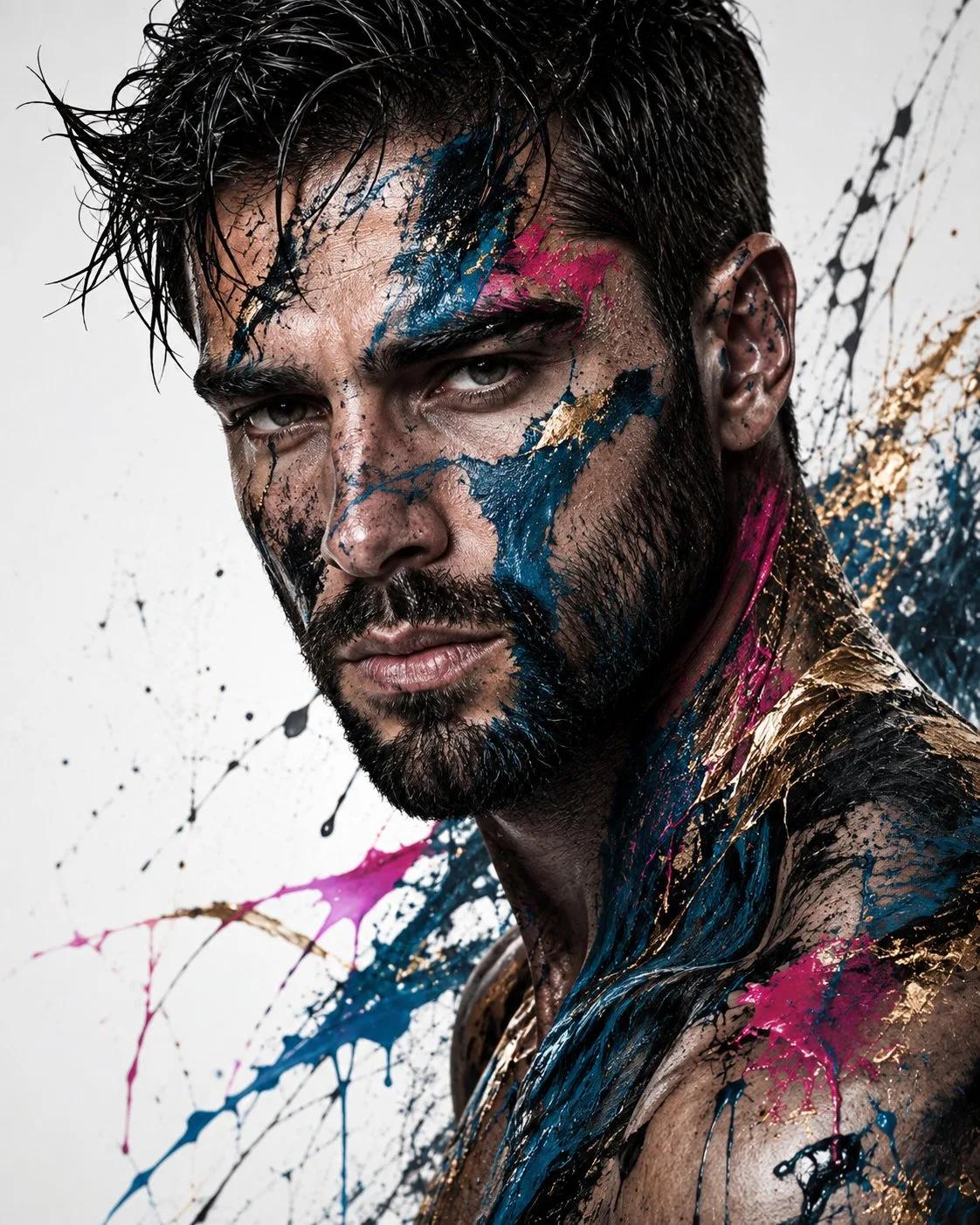 Monochrome Editorial Portrait with Abstract Paint Splashes - Image prompt preview