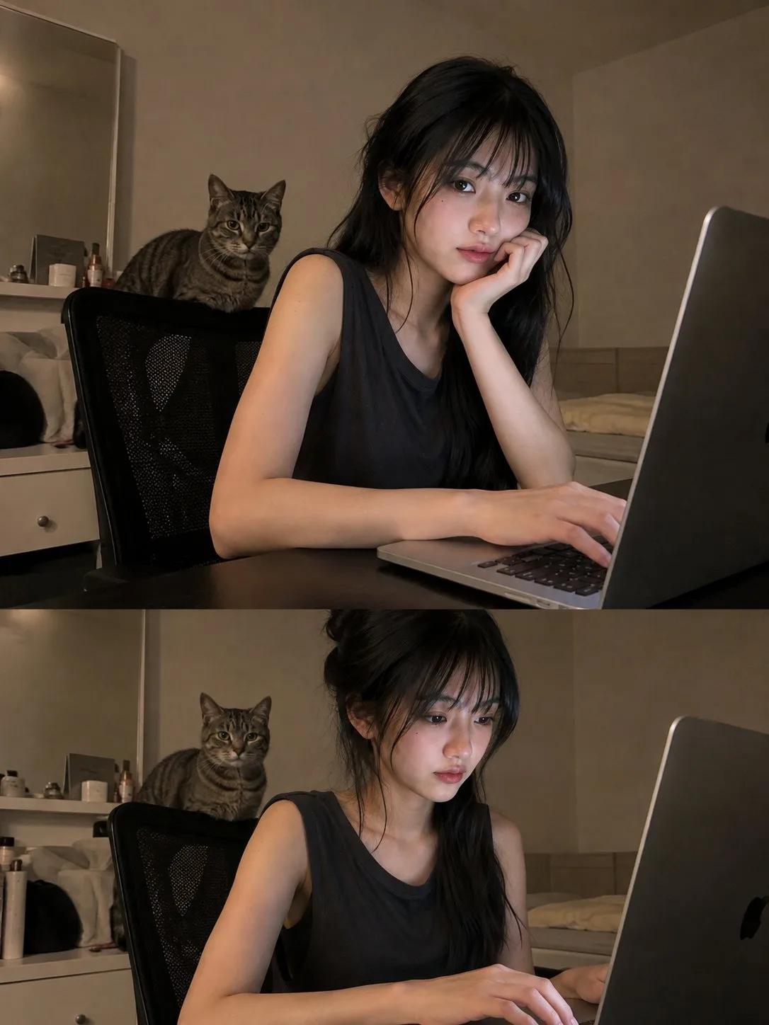Candid Phone Photo of a Woman Working on Laptop with Cat - Image prompt preview