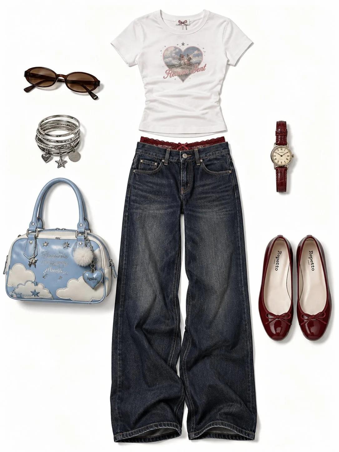 Y2K Fashion Flat-Lay Outfit Collage - Image prompt preview