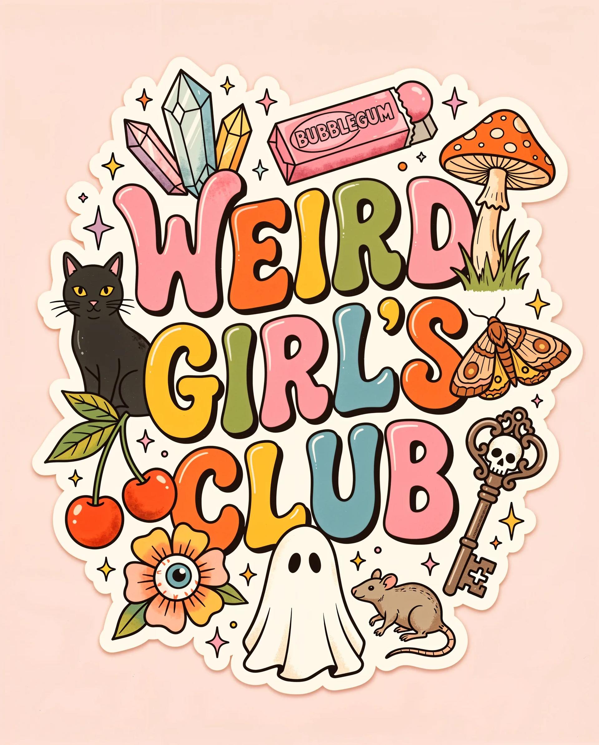 Weird Girl's Club Retro Sticker Illustration - Image prompt preview