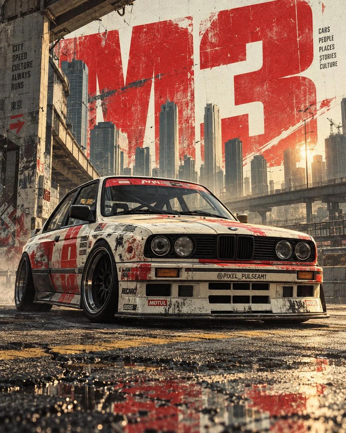 Cinematic BMW E30 Editorial Poster - Image prompt preview