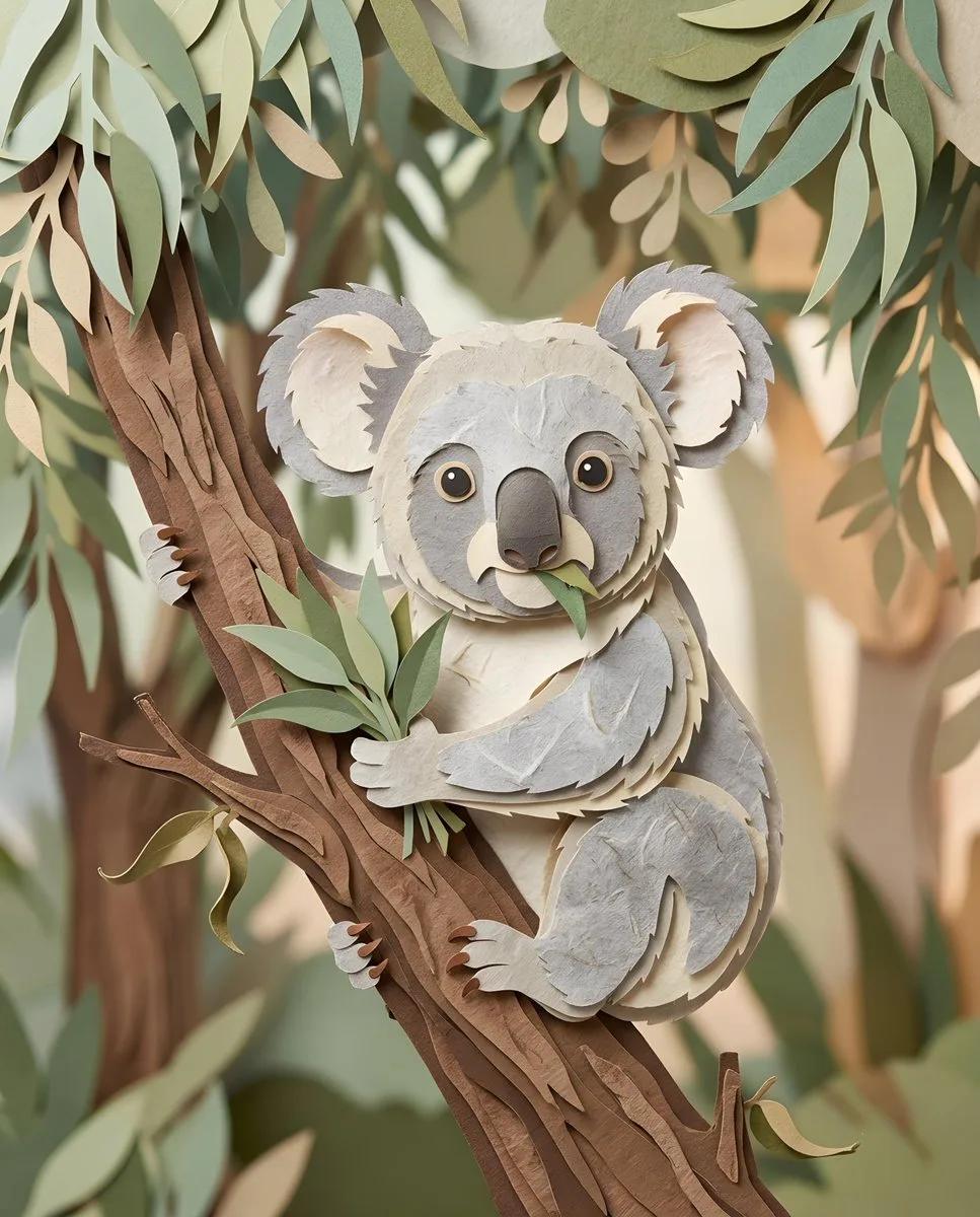 3D Carved Paper Koala on Eucalyptus Branch - Image prompt preview