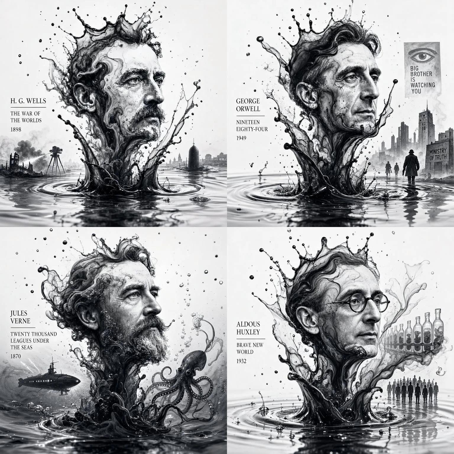 Extreme macro ink-in-water portrait of an author formed by a falling drop - Image prompt preview