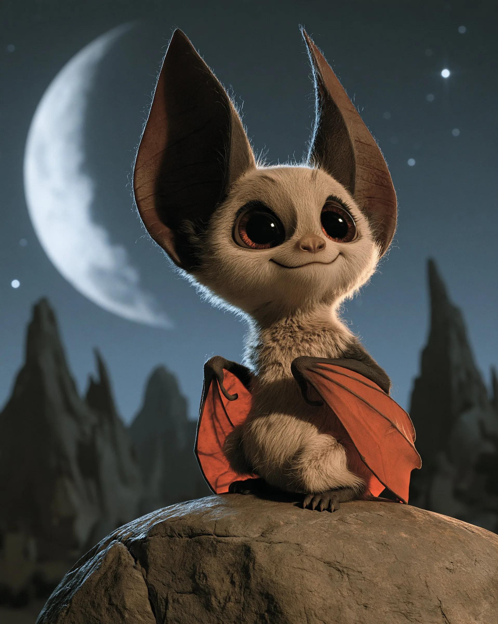 Cute Fluffy Baby Bat on a Moonlit Rock - Image prompt preview
