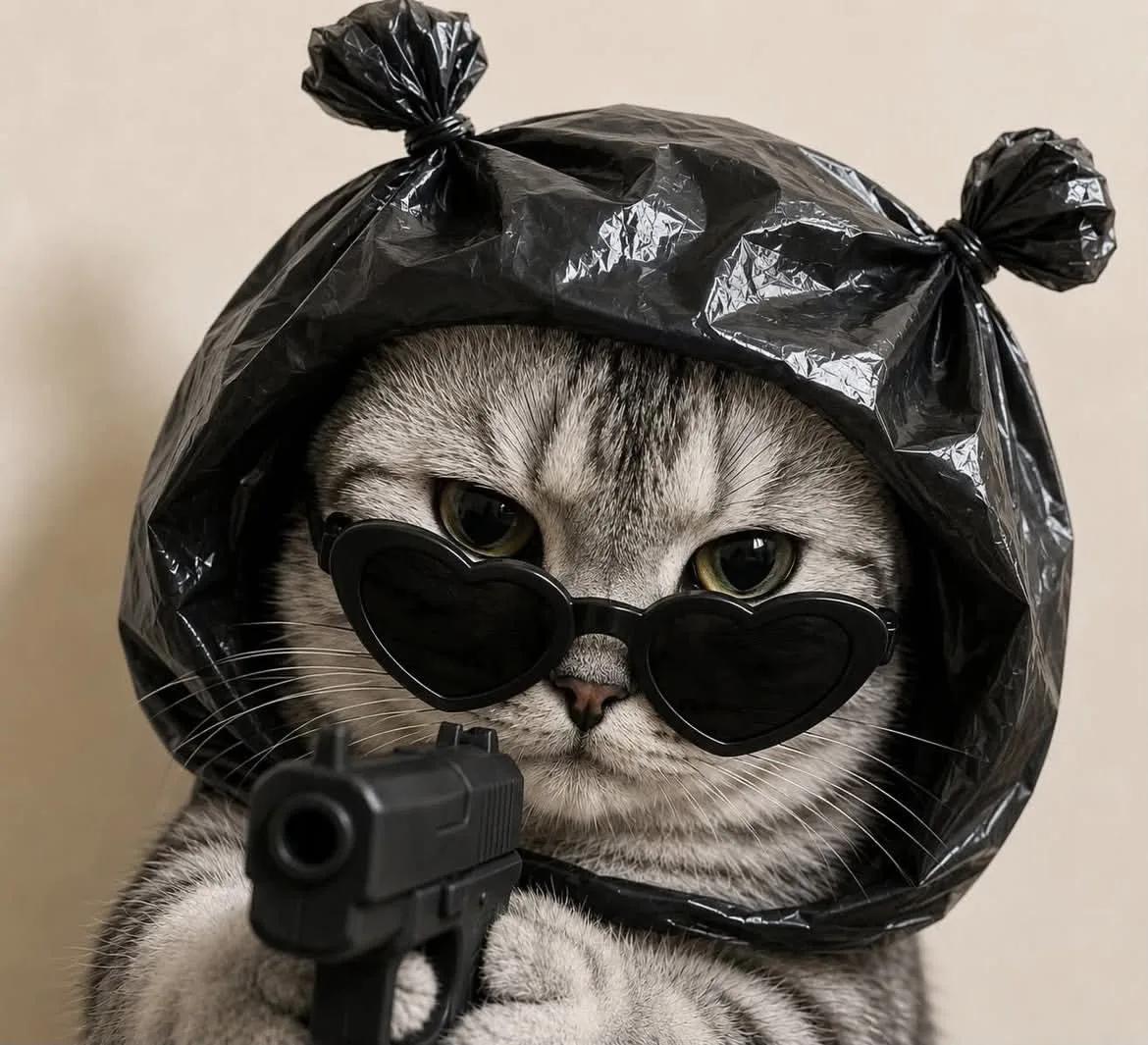 Deadpan Cat in Plastic Hood with Heart Sunglasses and Toy Pistol - Image prompt preview