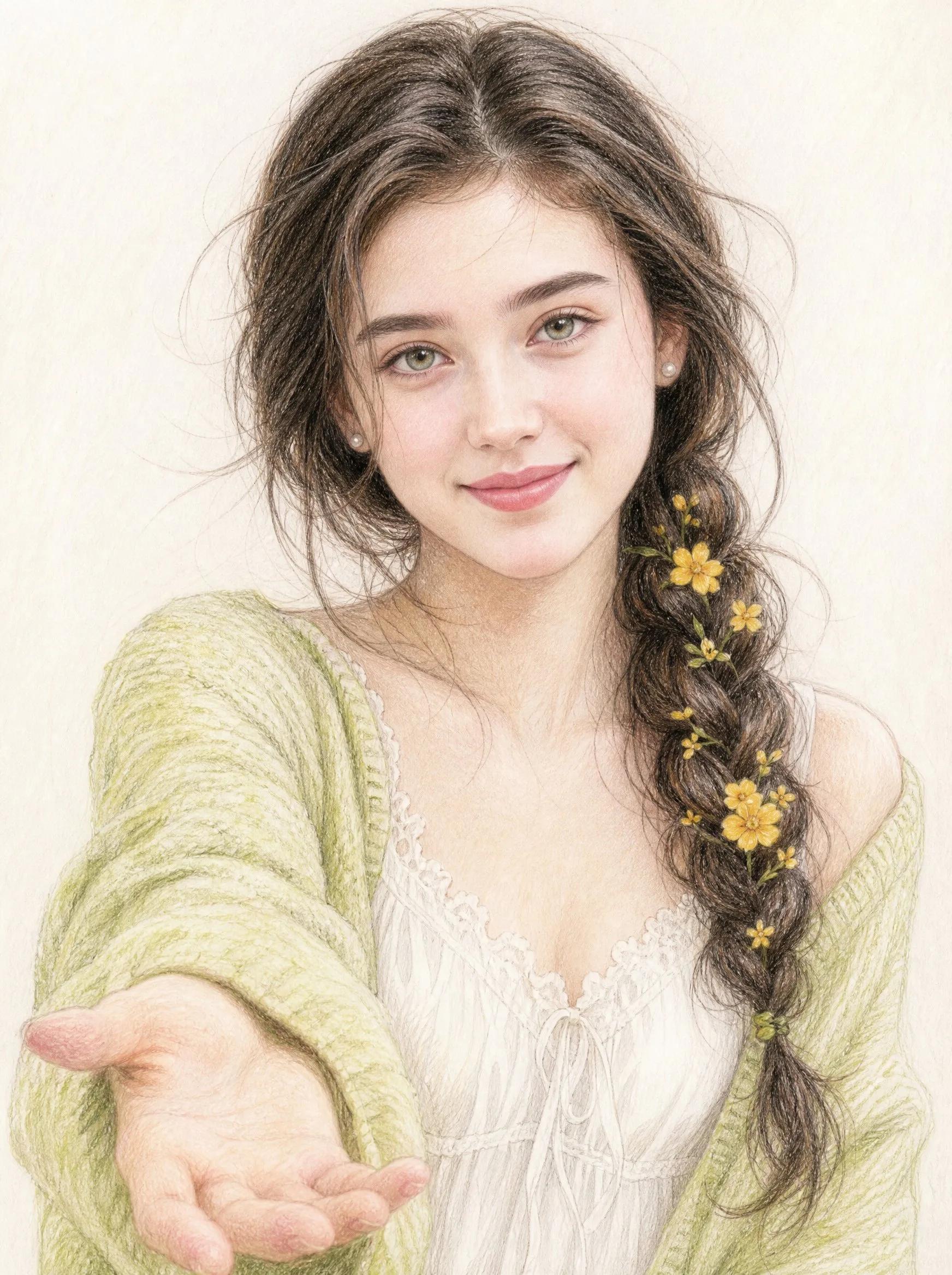 Hand-Drawn Pencil Portrait with Floral Braid - Image prompt preview