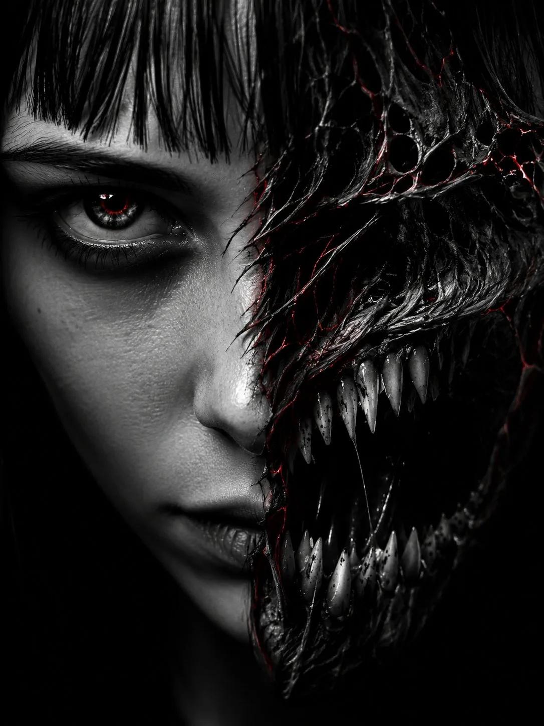 Extreme close-up split horror portrait with demon transformation - Image prompt preview