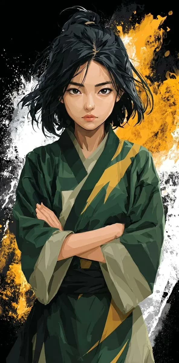 Determined Girl in Martial Arts Kimono with Lightning Motifs - Image prompt preview