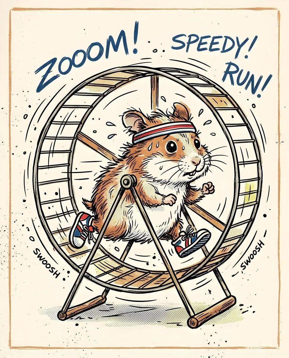 Retro hand-drawn hamster sprinting on a wheel - Image prompt preview