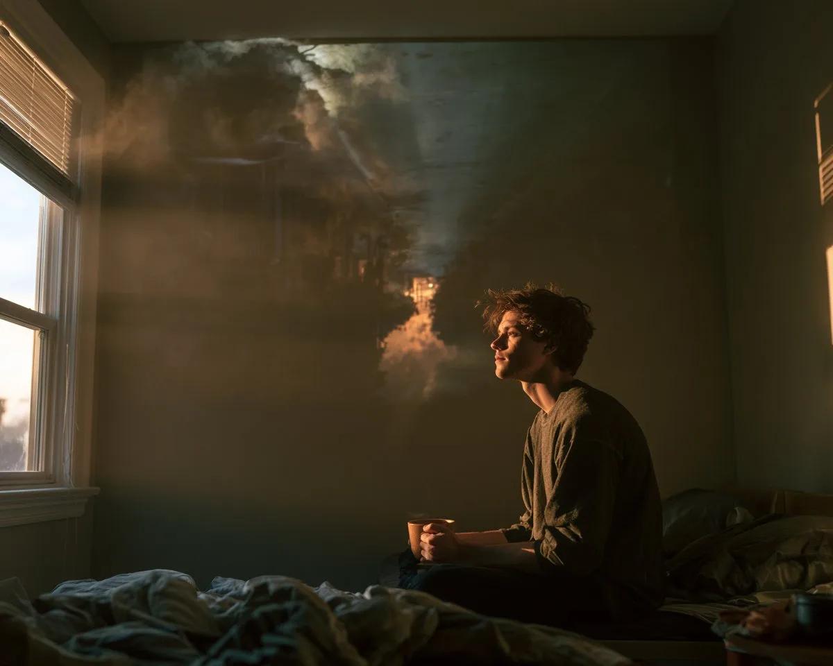 Inverted Camera Obscura Bedroom at Sunrise - Image prompt preview