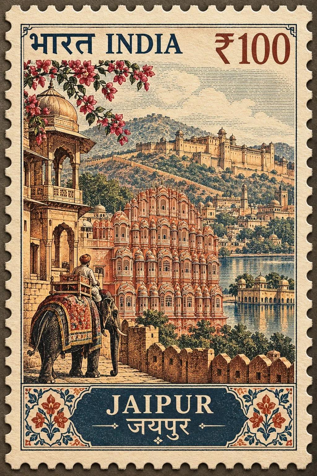 Vintage Indian Postage Stamp Travel Poster - Image prompt preview