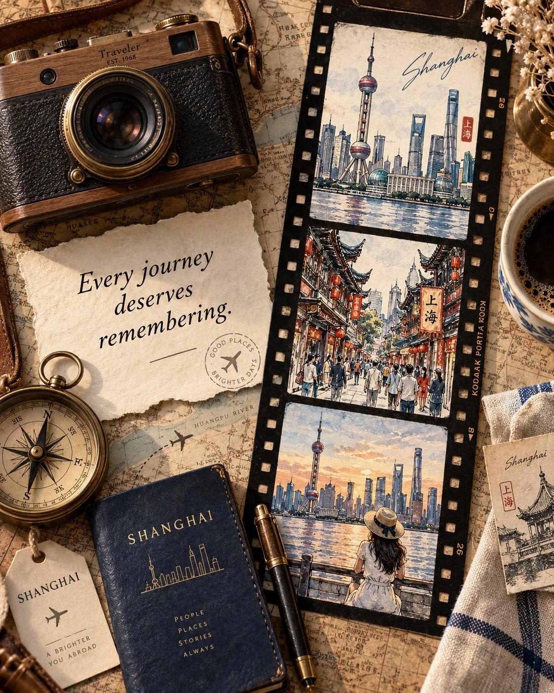 Premium Vintage Travel Scrapbook Flat-Lay with Illustrated Filmstrip Story - Image prompt preview