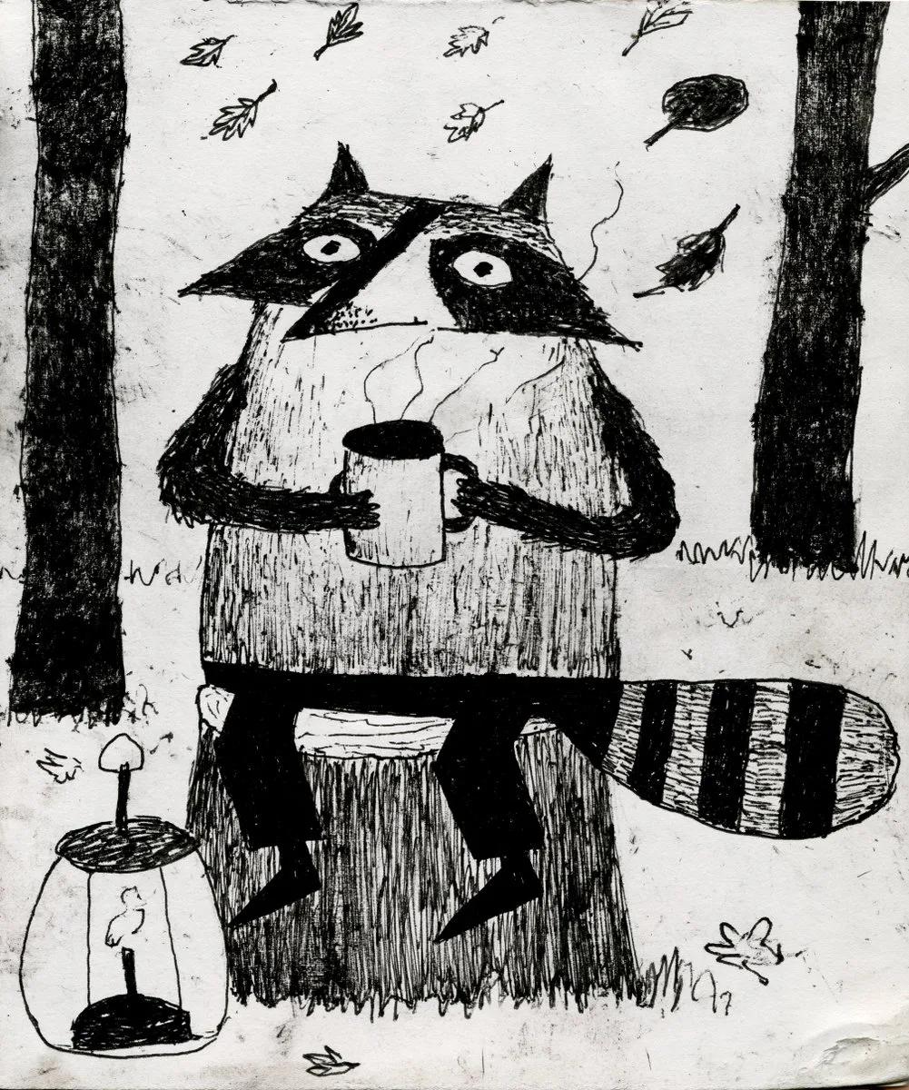 Whimsical storybook raccoon enjoying coffee in an autumn forest - Image prompt preview