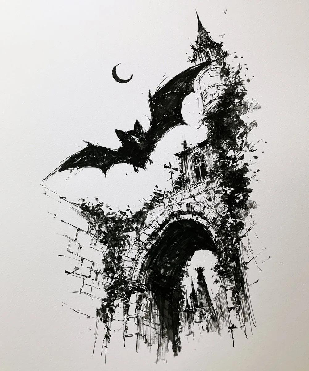 Gothic Storybook Bat Beneath a Stone Bridge Arch - Image prompt preview