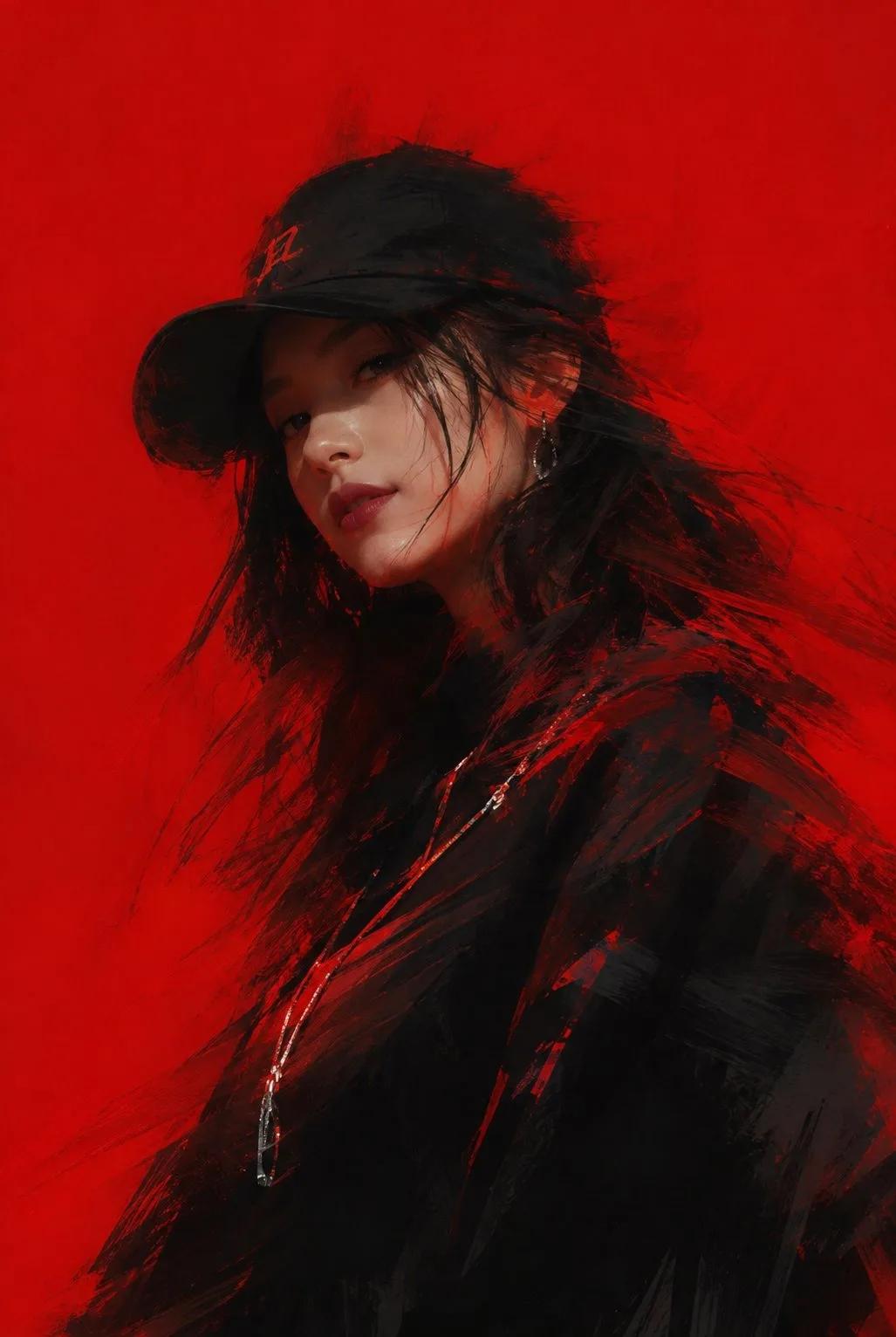 Hip-hop woman painterly portrait with ruby red background - Image prompt preview