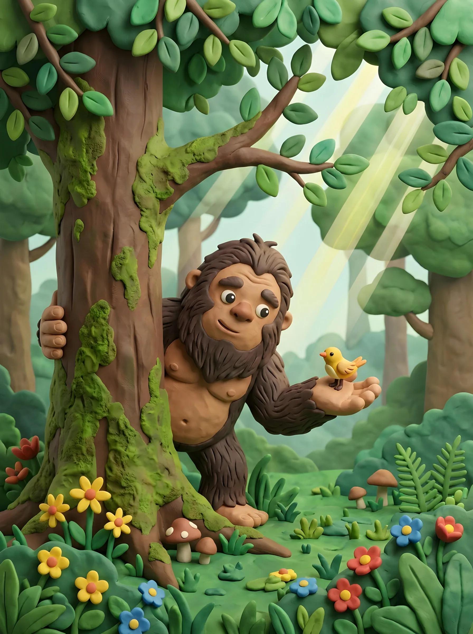 Gentle Bigfoot and Songbird in Sunlit Forest - Image prompt preview