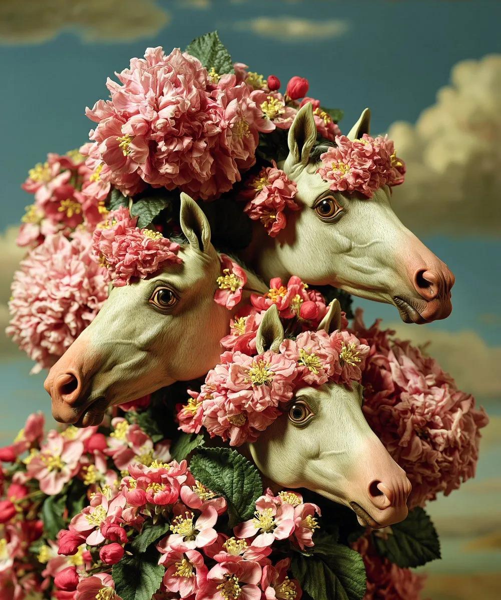 Stylized Trio of Horses Surrounded by Pastel Blossoms - Image prompt preview