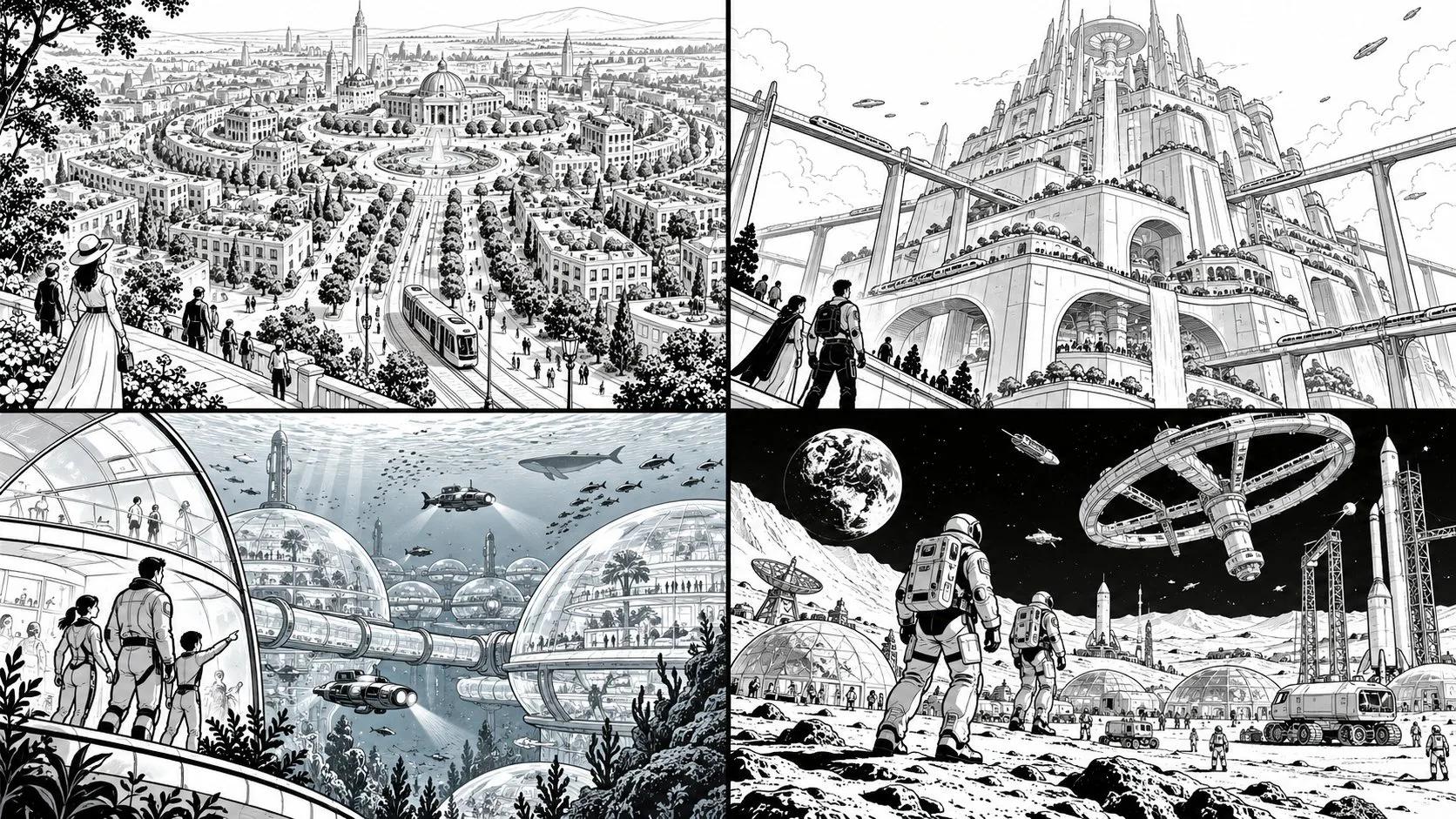 Epic Linework Tableau: Black-and-White Manga-Style Storybook Illustration - Image prompt preview