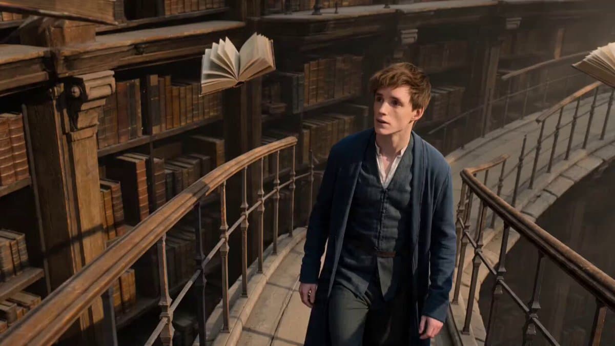 A young archivist walks along a narrow bridge between endless shelves sus...