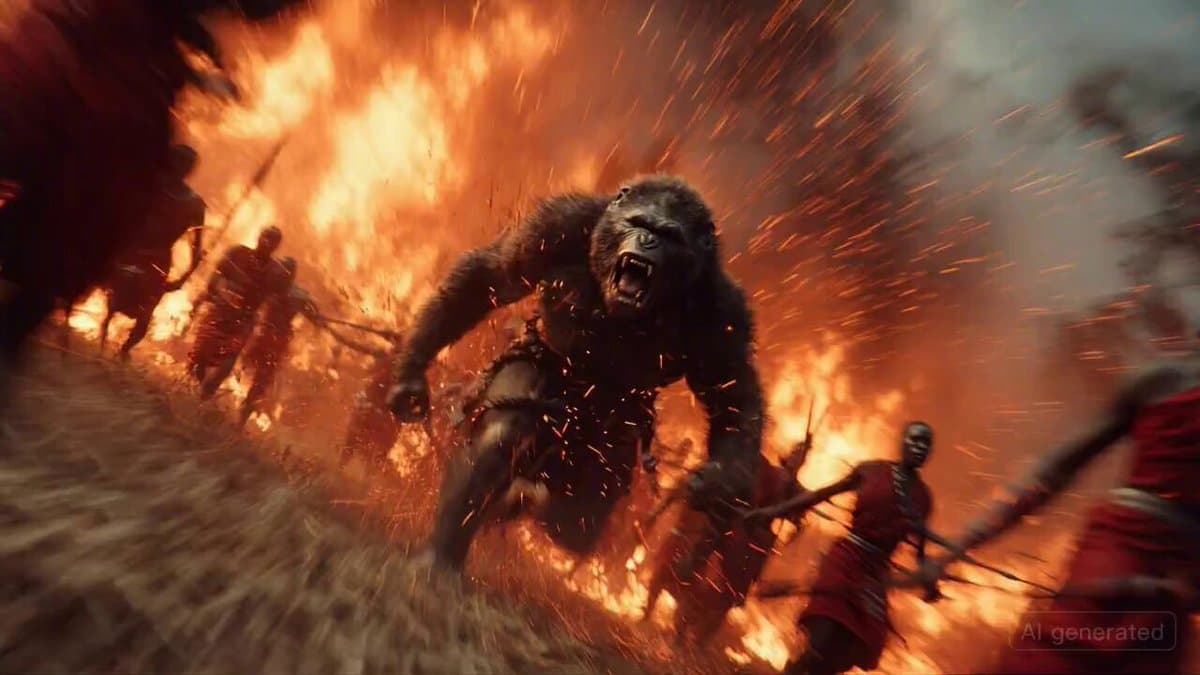 A colossal armored baboon charges through a burning Maasai village, it pi...