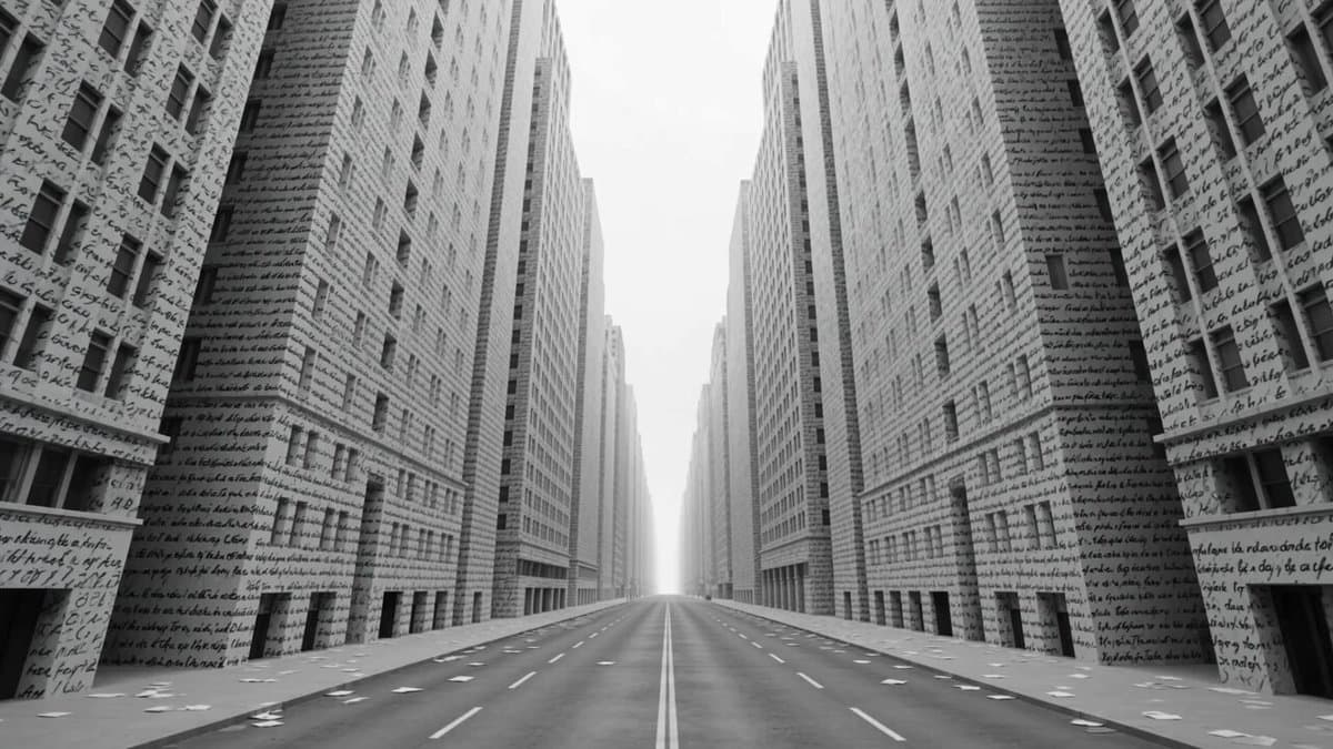 A vast monochrome city under a blank white sky. Every building facade is...