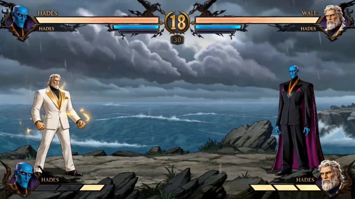 15-second 2D fighting game cinematic between Hades and Zeus inspired by c...