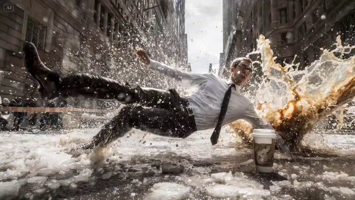 Bullet time effect. A businessman in white shirt and black tie slipping a...