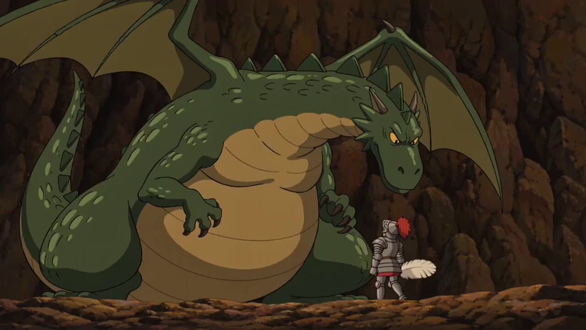 Make an anime scene where A strongly muscled dragon stands towering in fr...