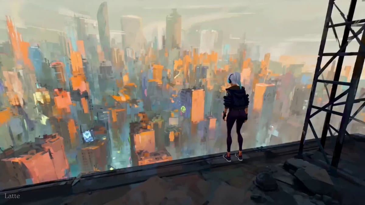 A 3D animated sequence in the style of Spider-Verse. A young woman with s...