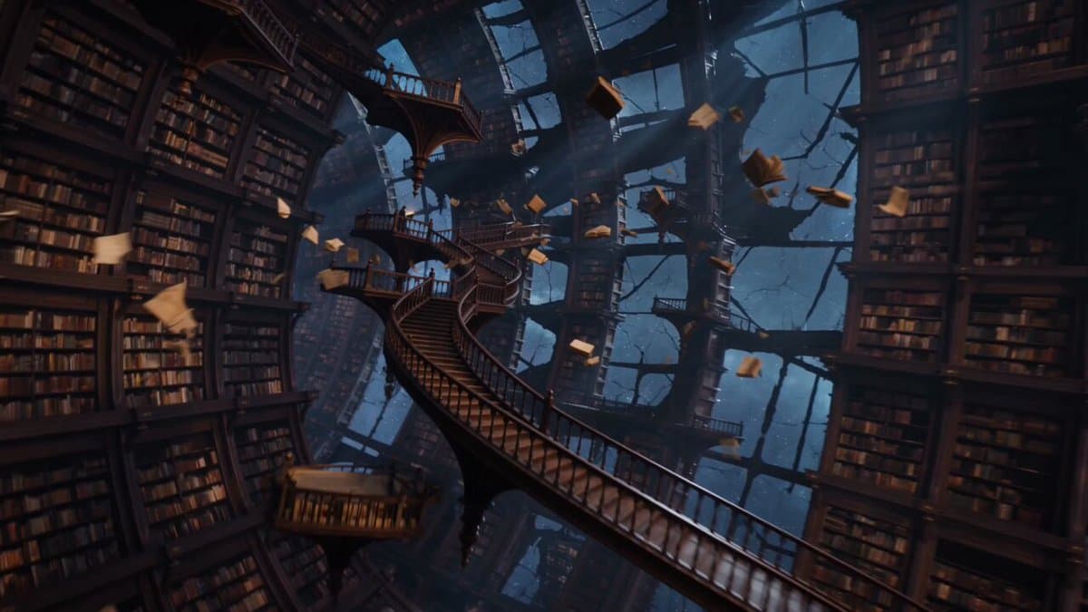 15-second ultra-cinematic sci-fi fantasy sequence inside an infinite libr...