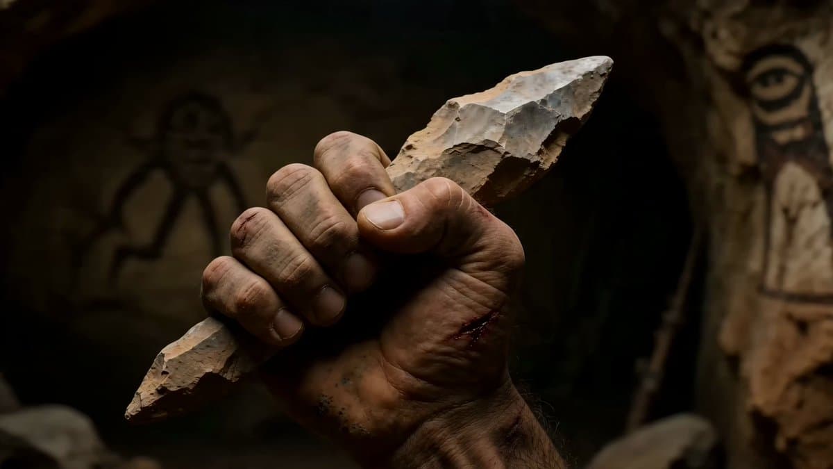 A one-take begins in extreme close-up on a Stone Age hand gripping a roug...