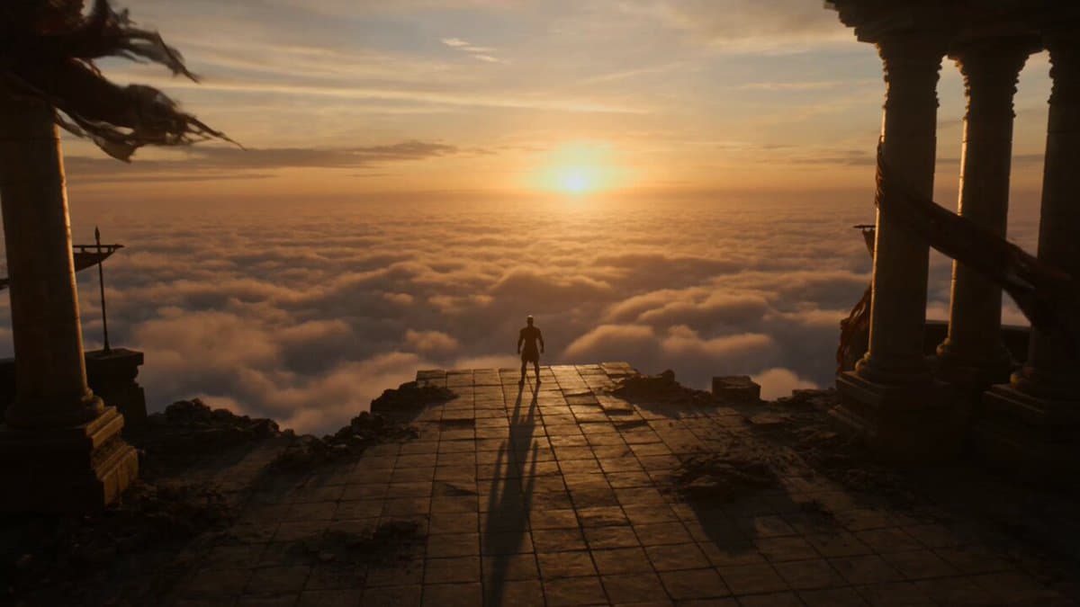 15-second ultra-cinematic fantasy transformation sequence atop a ruined c...