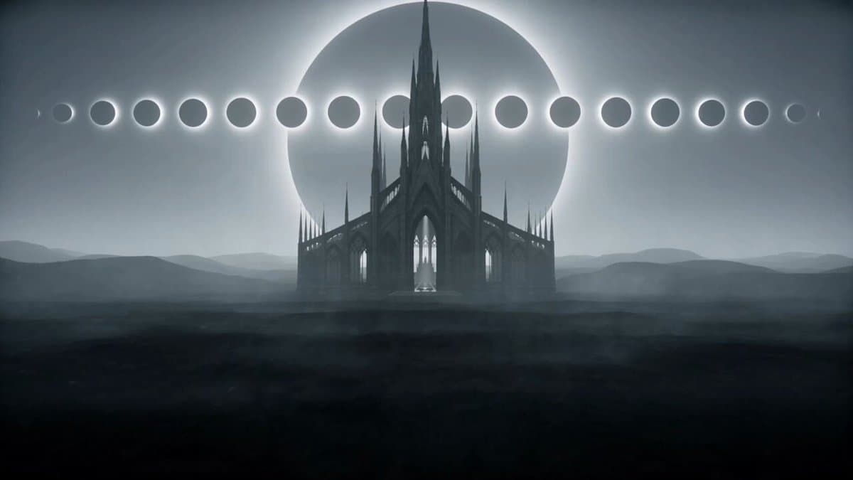 A gigantic abandoned cathedral stands in an endless black desert under a...