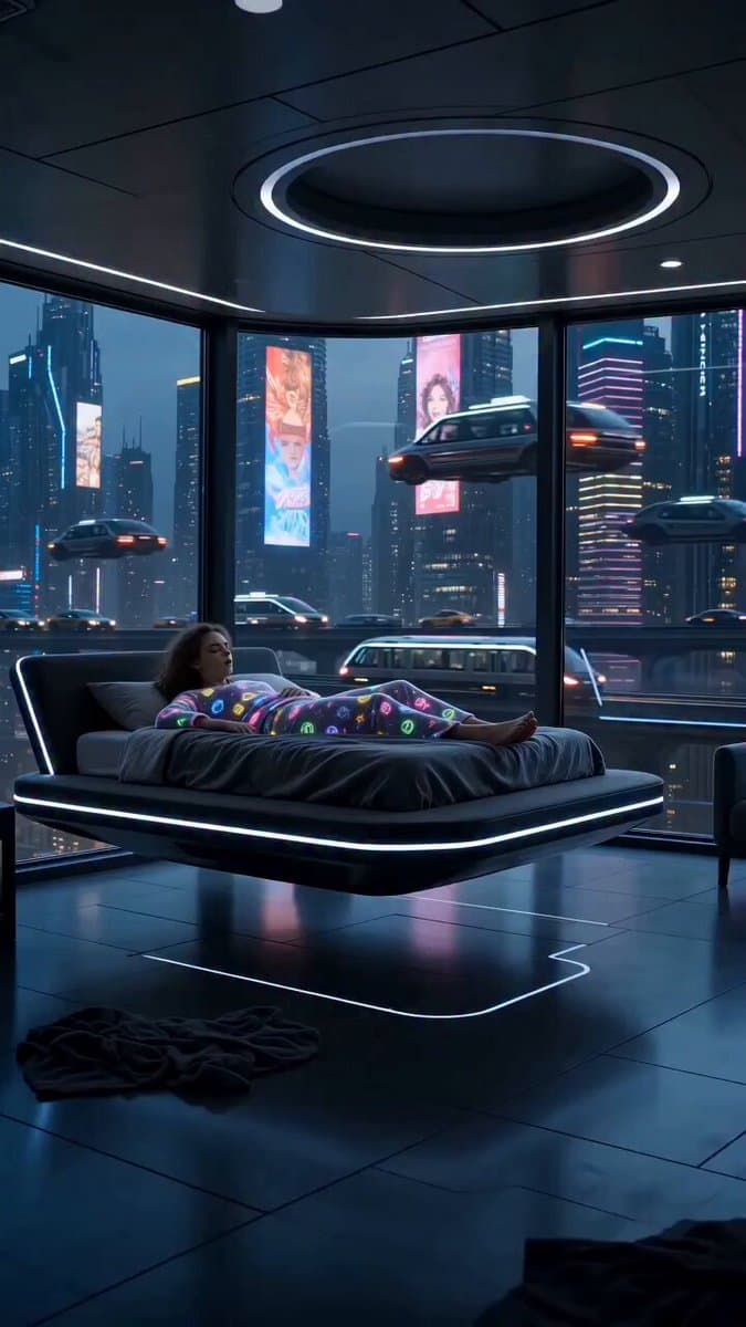 A cinematic photorealistic video of a young woman waking up and yawning i...
