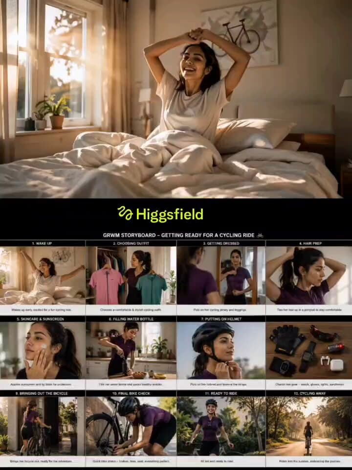 A stylish young woman wakes up early in a cozy sunlit bedroom, excited fo...