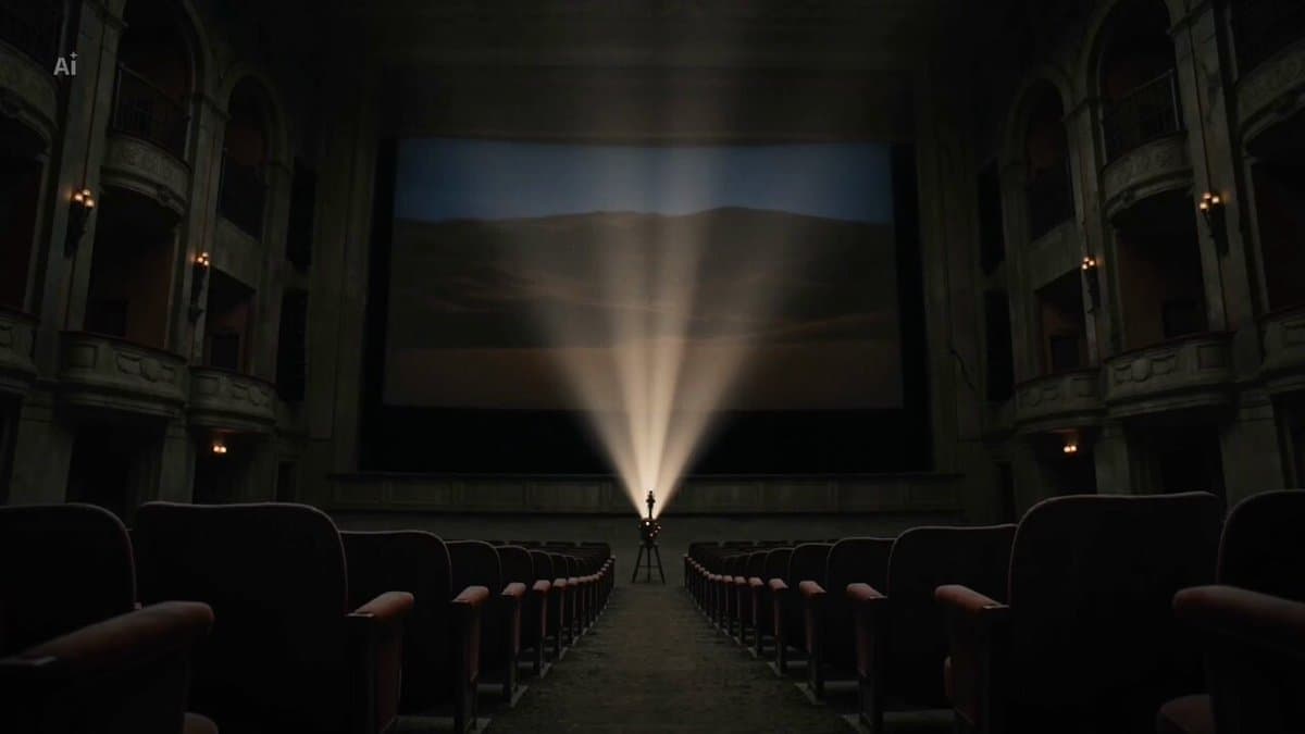 A gigantic abandoned movie theater illuminated only by a single old analo...