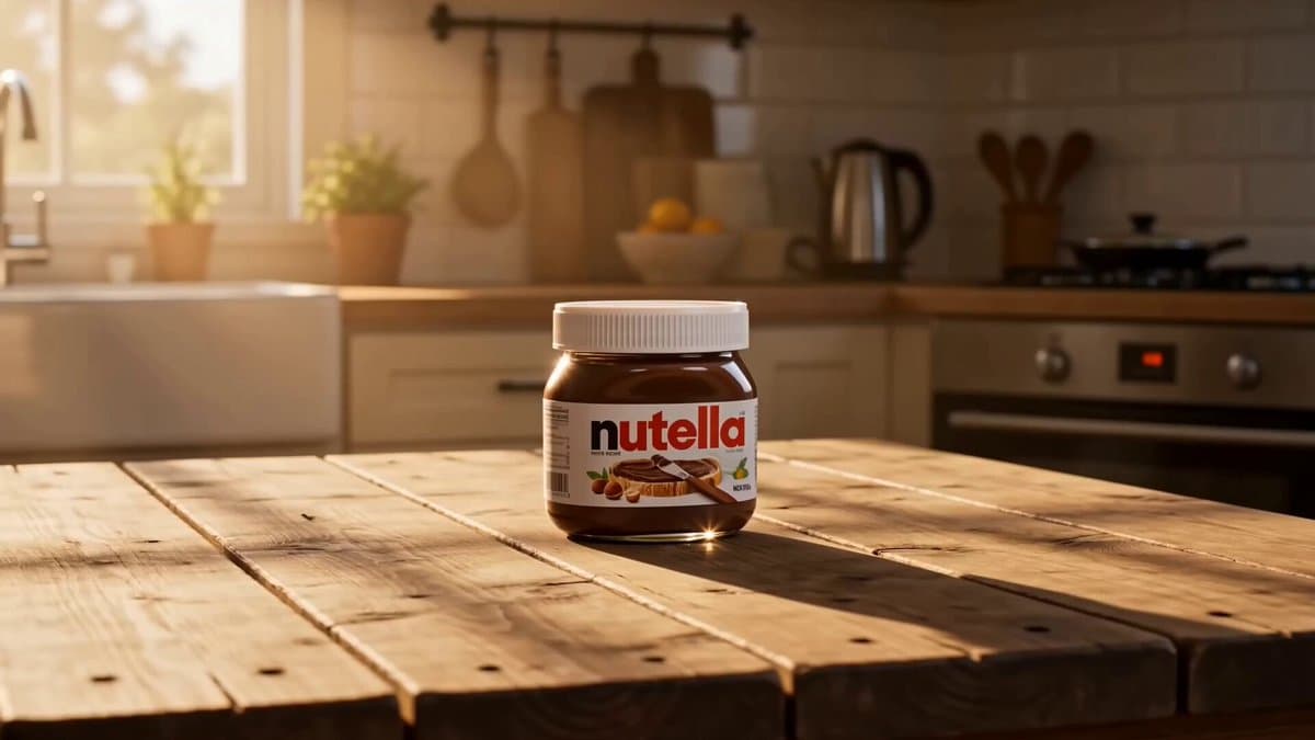 15-second cinematic product advertisement for Nutella in a bright, sunlit...