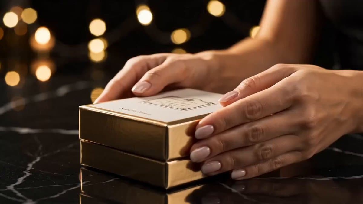 Ultra-realistic luxury UGC ASMR perfume review video. Warm golden ambient...