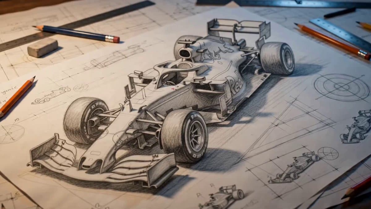 A hyper-realistic sequence showing a photorealistic Formula 1 car emergin...