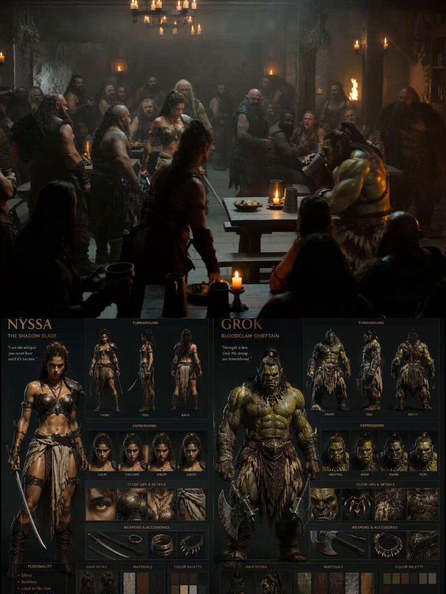 Style: Hyper-realistic dark fantasy tavern cinematic, grounded physical c...