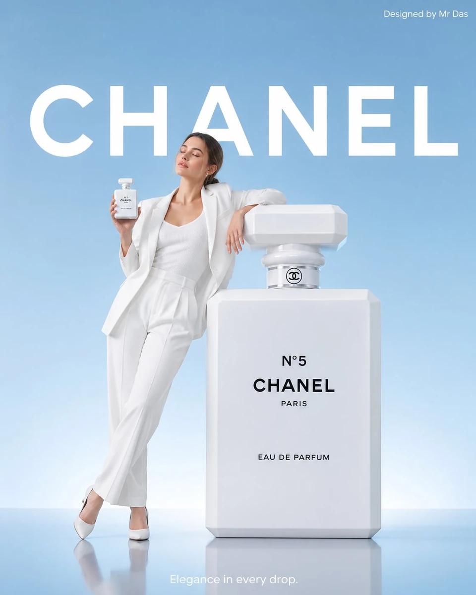 Minimalist commercial ad featuring oversized white perfume bottle, ultra-...