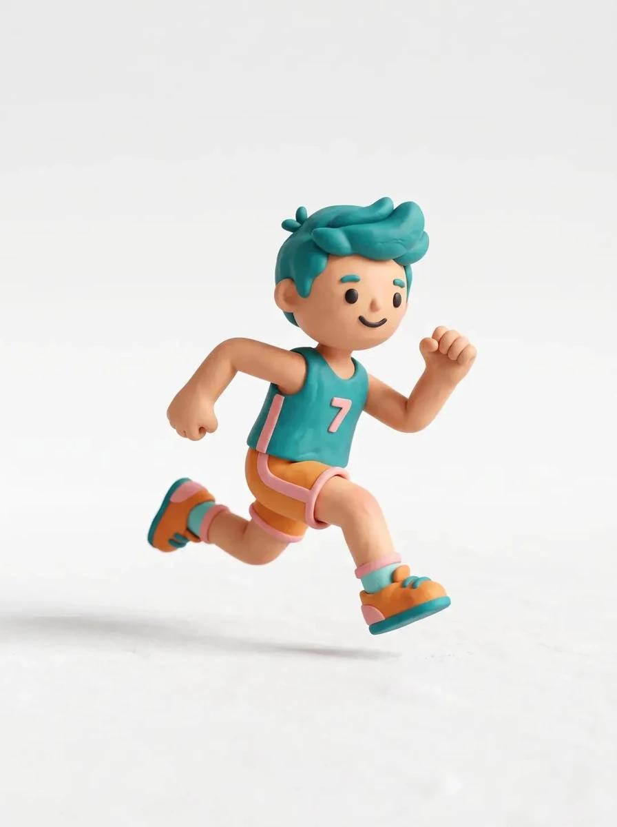 Cute 3D render of a small stylized runner in dynamic sprinting pose, matt...