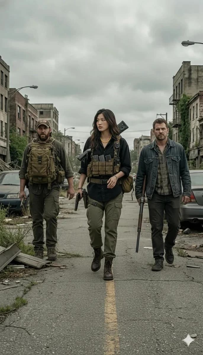 A gritty post-apocalyptic scene featuring three armed survivors walking d...