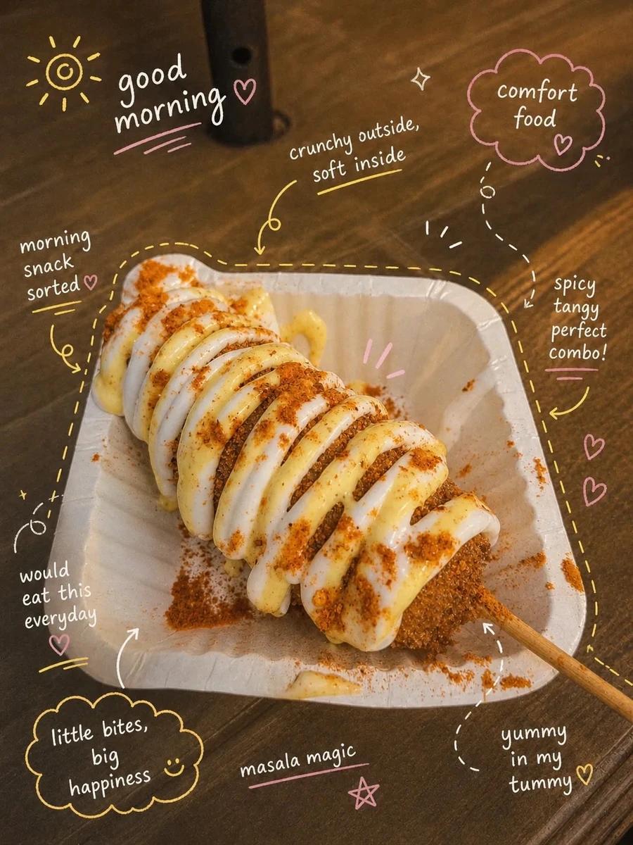 Aesthetic close-up food photography of a crispy Korean-style corn dog on...