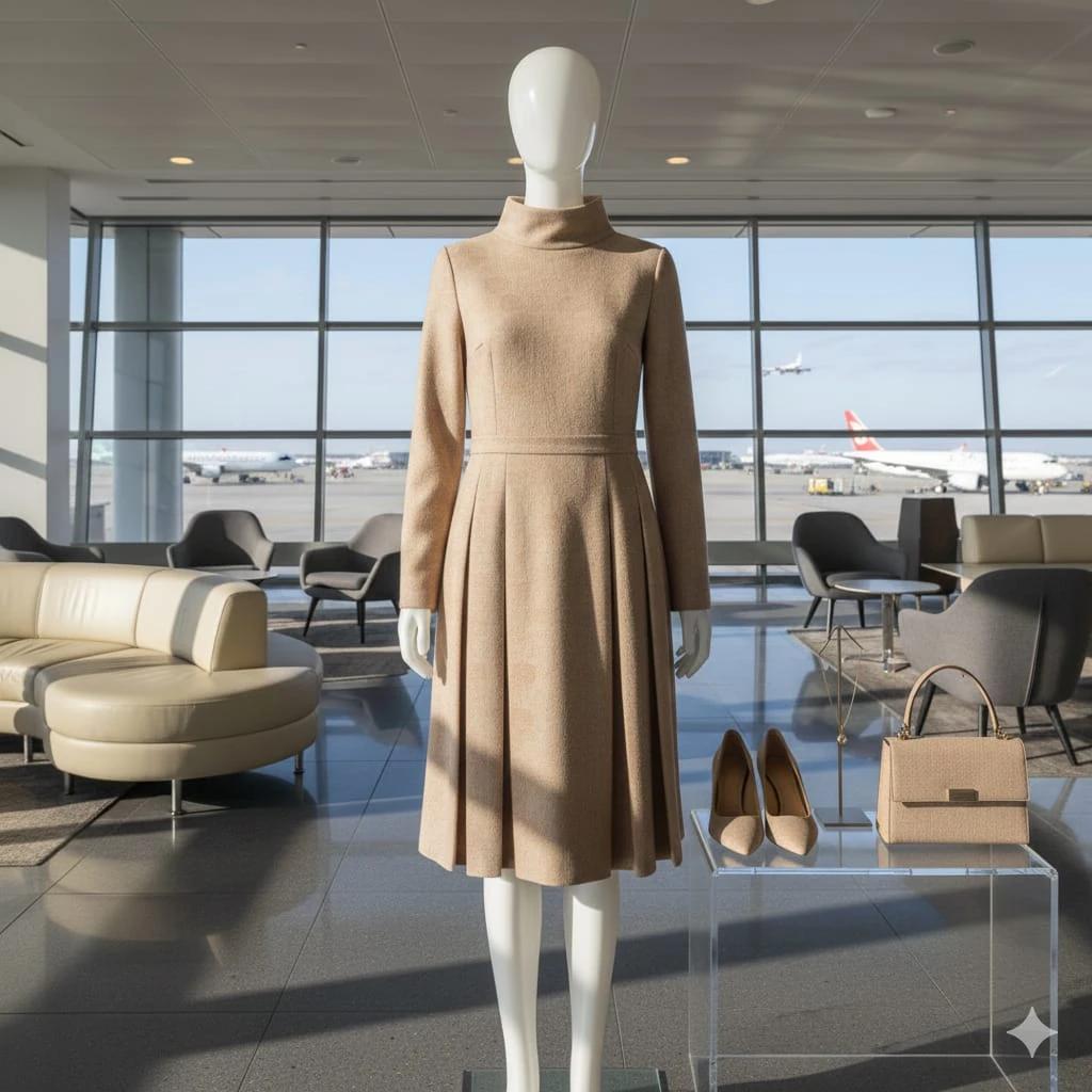 A modern, modest dress displayed on a mannequin, featuring soft wool-blen...
