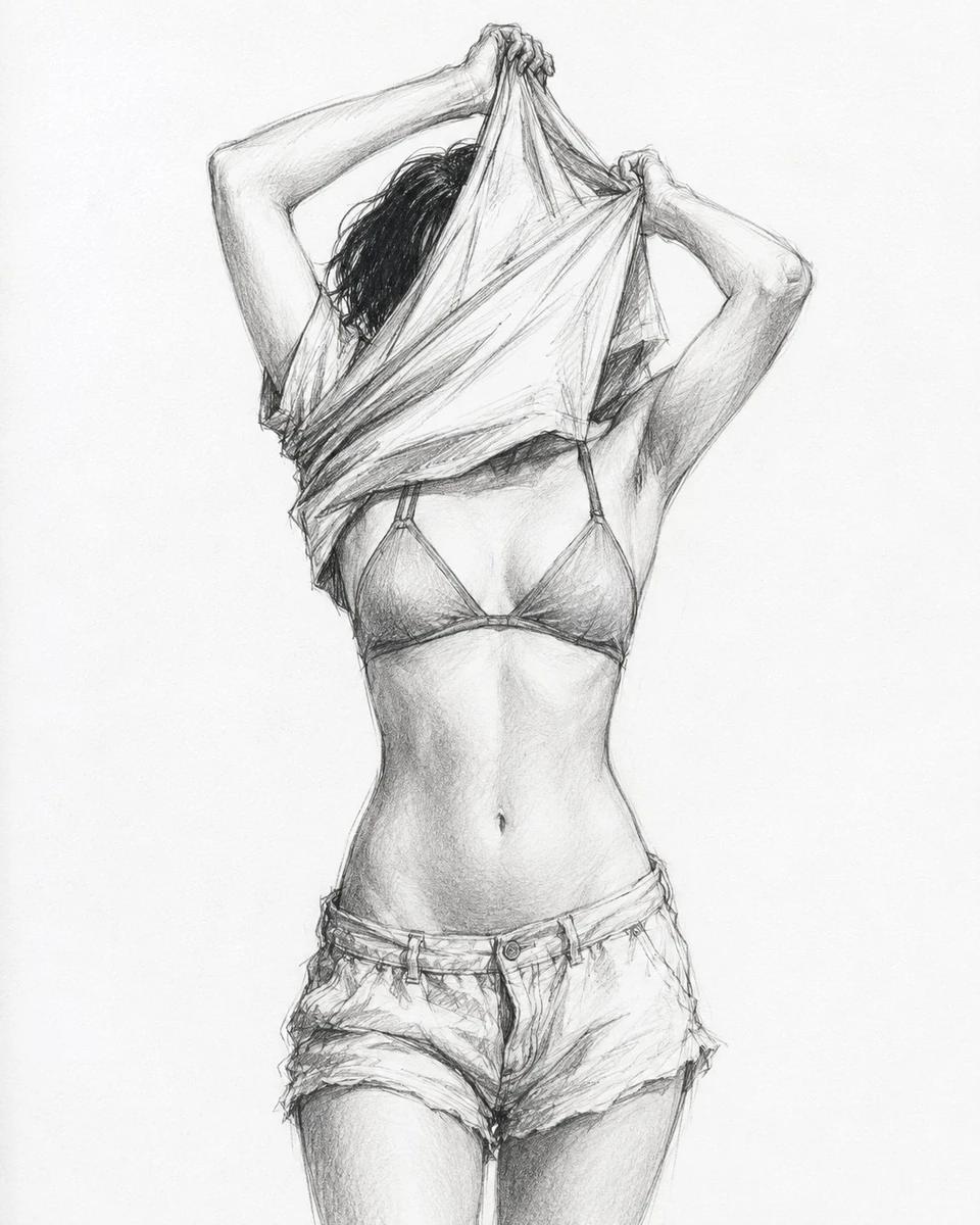 A rough black and white pencil sketch of an adult female figure shown fro...