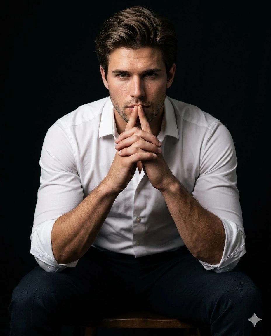 Portrait of me sitting on a chair, leaning slightly forward with elbows r...