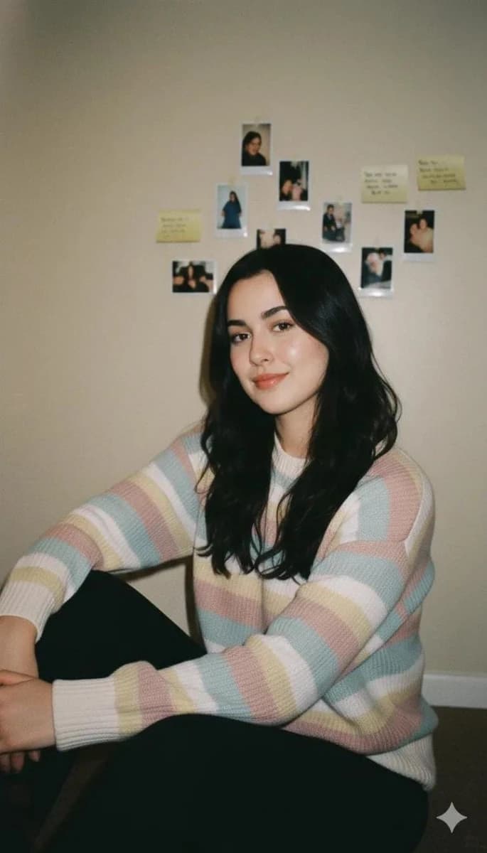 Cozy lifestyle portrait of a young woman sitting casually indoors, long d...