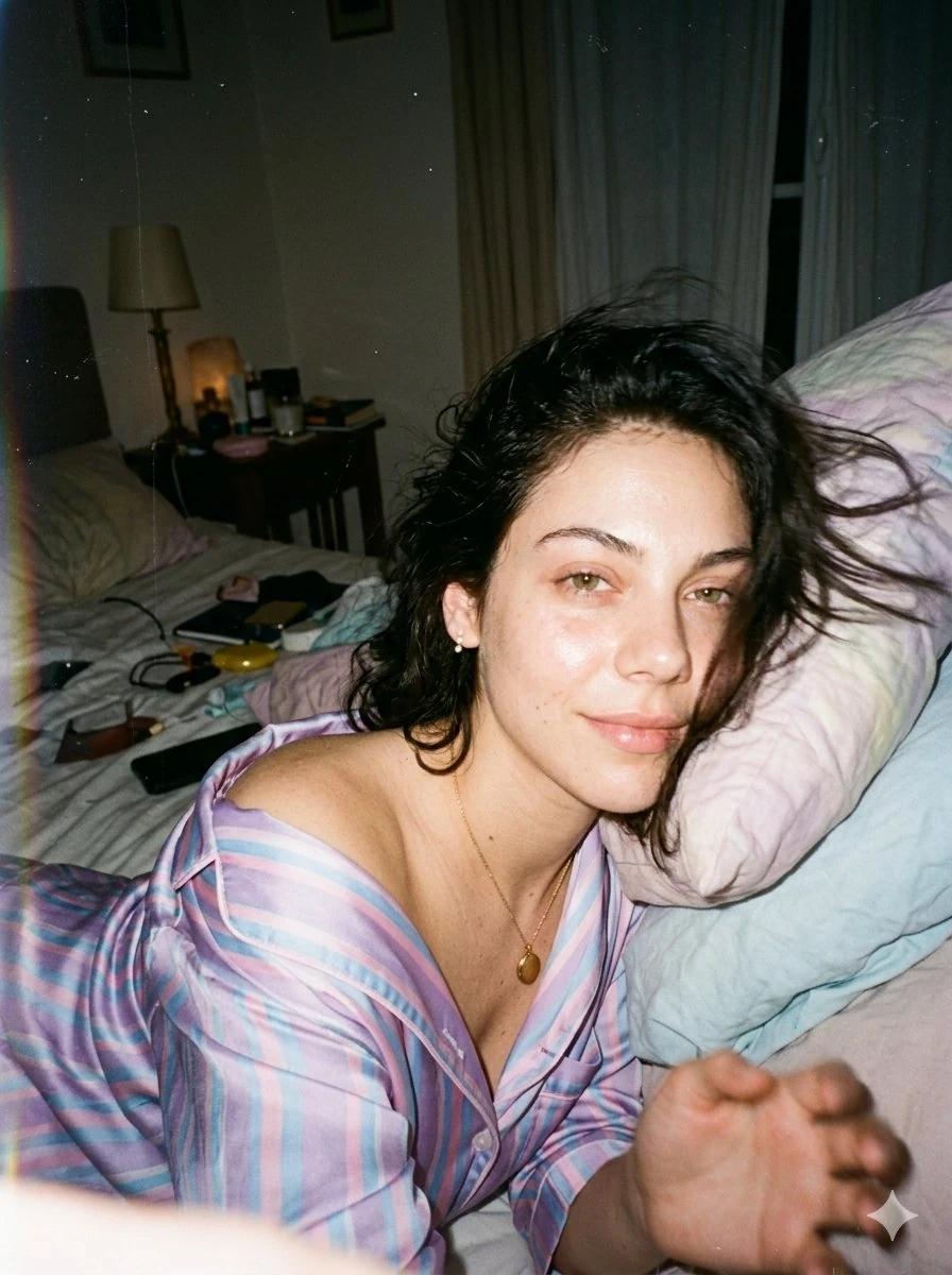A candid disposable-camera snapshot of the same subject in the attached i...